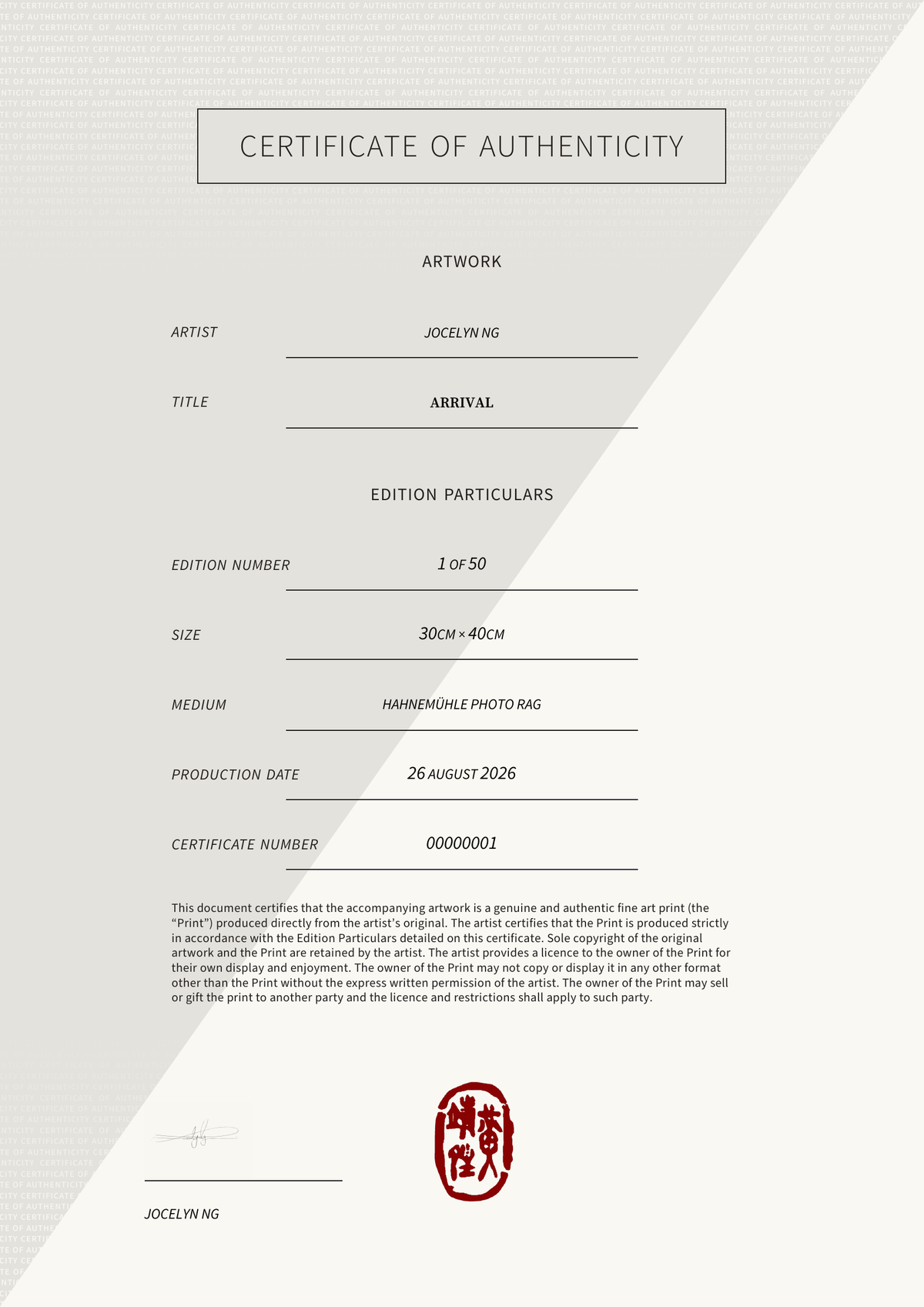 Arrival — Certificate of Authenticity